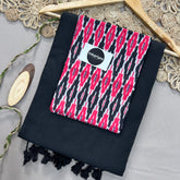 Black Handloom Khadi Cotton Saree With Ikkat Print Blouse